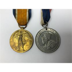 WW1 pair of medals awarded to 151761 Gnr. S. Loten R.A. with ribbons; four WW2 medals with ribbons; and small quantity of cap badges, medallions etc