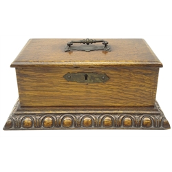  Late Victorian oak hinged box with cedar wood two division interior, Gothic style metal mounts on egg and dart skirt, c1895, L30.5cm x H13cm   