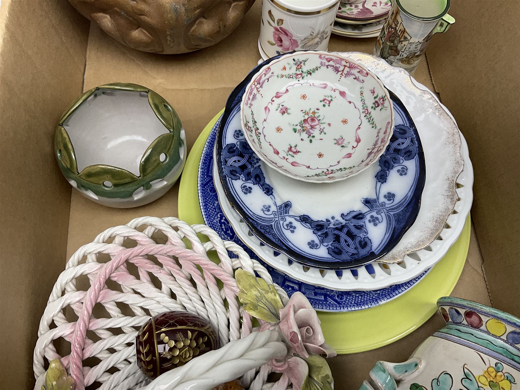Collection of ceramics to include Bretby jardinière, Royal Worcester, Palissy, Royal Doulton Dickens Ware, Carlton ware, 19th century small dish painted with roses and foliate decoration, lustre, Poole etc in two boxes
