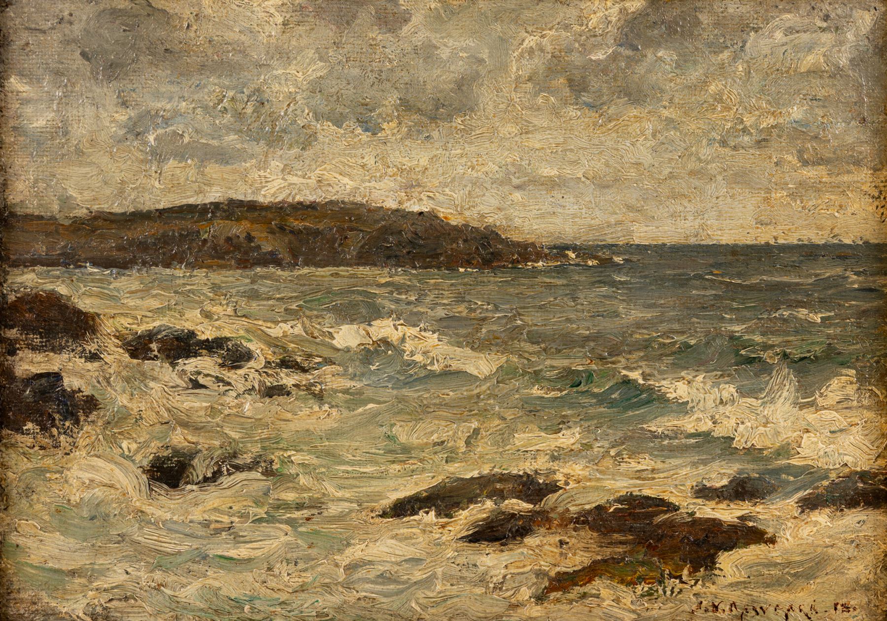 George Frederick Cutter (British 1940-): Sheep Resting in Tall Grass, pastel signed 17.5cm x 22.5cm; English School (19th century): Waves Breaking on a Rocky Coastline, impasto oil on board indistinctly signed max 19.5cm x 28cm