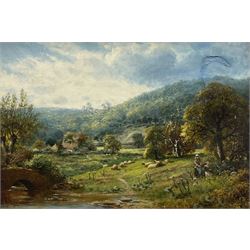 Robert John Hammond (British fl.1882-1911): Valley Landscape with Figures Sheep and Cottages, oil on canvas signed and dated 1901, housed in quality heavy gilt frame 35cm x 51cm