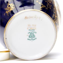 Coalport pot pourri jar and cover, circa 1920, the dark blue ground painted with landscape panels of Helvelly by E.O. (Ted) Ball, printed and painted marks to base, H17cm