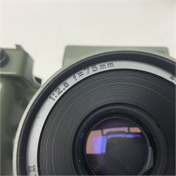 Zenza Bronica ETRS camera body, safari edition, serial no. 7100811, with 'Zenza Bronica Zenzanon EII 1:2.8 f=75mm' lens, serial no. 7908591, film magazine back, safari, serial no. 8100564, AE-ii metering head, safari, serial no. 617024, etc, all in leather case