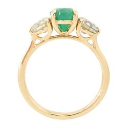 18ct rose gold three stone emerald and diamond ring, single oval cut emerald of approx 1.80 carat, with a round brilliant cut diamond set either side, hallmarked, total diamond weight approx 1.20 carat