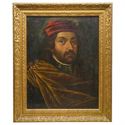 English School (18th century): Portrait of a Gentleman in Historical Scottish Military Costume wearing a Gorget and 'Tam o' Shanter', oil on canvas inscribed 'SCOT A.D. 1532', 53cm x 41cm