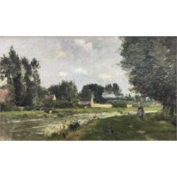 Stanislas Lépine (French 1835-1892): Figure by the Riverside, oil on canvas signed 19cm x 32cm