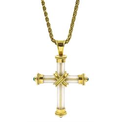 Theo Fennell 18ct gold rock crystal and round cabochon emerald cross pendant, London 1994, on original 18ct gold Spiga link necklace, Birmingham import marks 1992, in original box