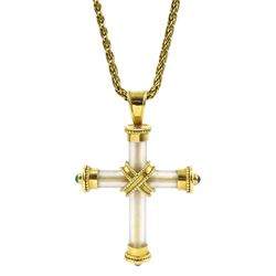 Theo Fennell 18ct gold rock crystal and round cabochon emerald cross pendant, London 1994, on original 18ct gold Spiga link necklace, Birmingham import marks 1992, in original box