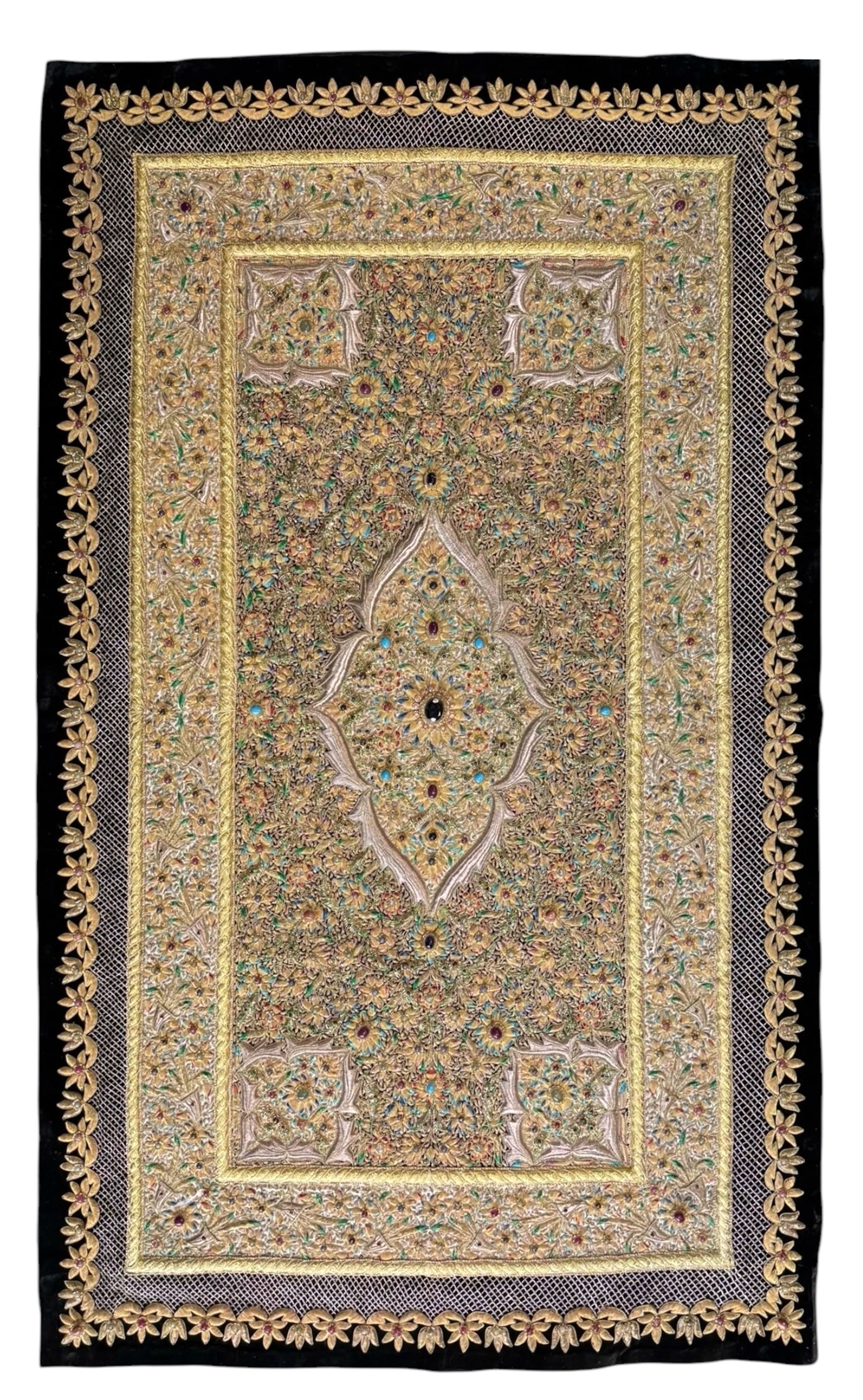 20th century large Zardozi wall hanging, hand embroidered in gold thread on black velvet ground with semi-precious stones and central medallion  149x93cm