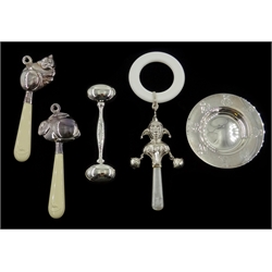 Shop stock: Christening gifts - silver teddy dish and rattles in the form of rabbbit, cat, jester etc all hallmarked and boxed