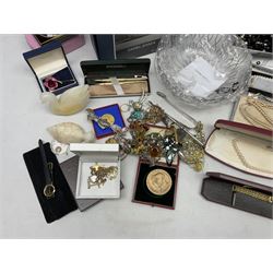 Cased set of two gold plated Sheaffer ballpoint pens, Georg Jensen boxed bowl, and quantity of vintage and later costume jewellery to include hallmarked gold cross pendant, other silver jewellery etc
