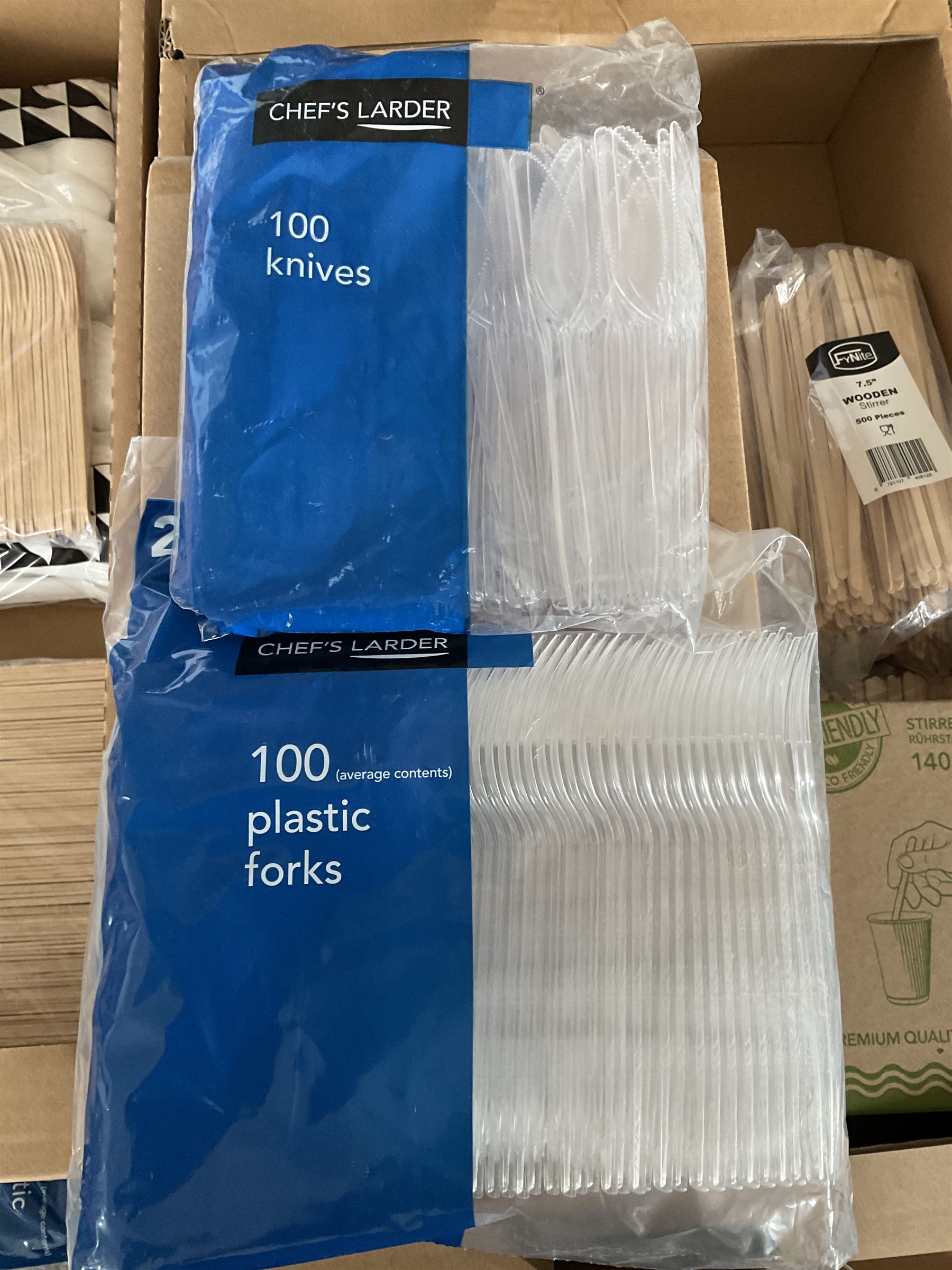 Large quantity of plastic knives, forks, spoons, wooden stirrers, wooden forks, paper straws- LOT SUBJECT TO VAT ON THE HAMMER PRICE - To be collected by appointment from The Ambassador Hotel, 36-38 Esplanade, Scarborough YO11 2AY. ALL GOODS MUST BE REMOVED BY WEDNESDAY 15TH JUNE.