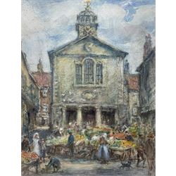 Rowland Henry Hill (Staithes Group 1873-1952): Market at the Old Town Hall Whitby, watercolour and pastel signed 31cm x 24cm