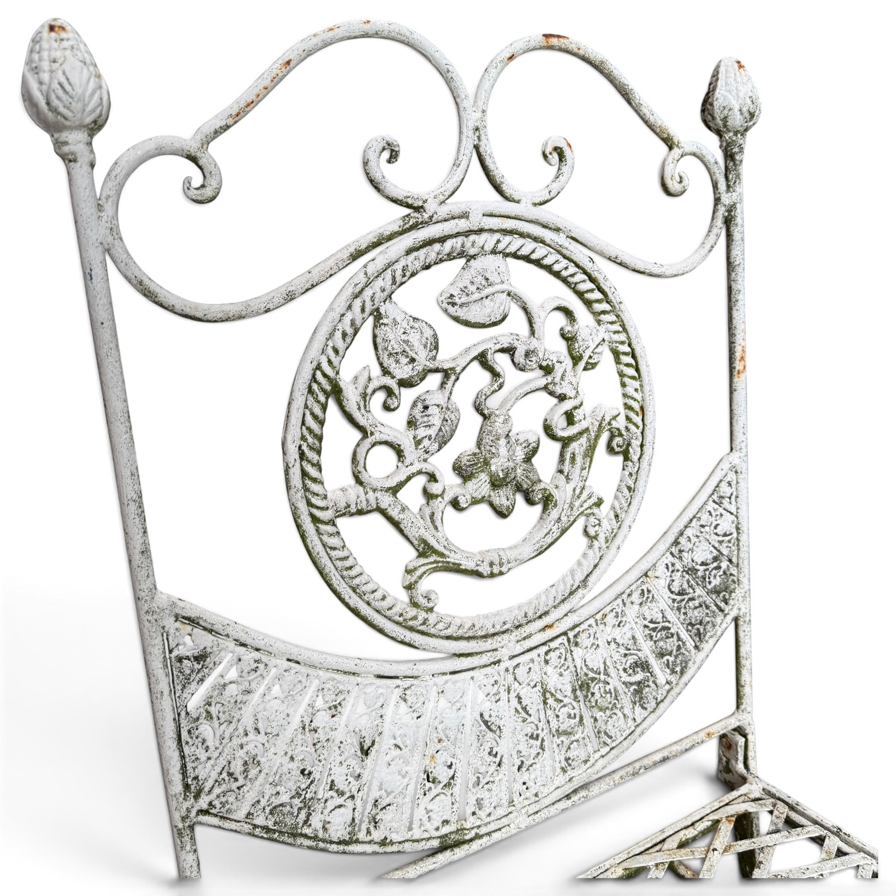 Three-piece French style white-painted wrought iron garden bistro set, comprising a circular folding table with latticework top and apron with scrolling foliate motifs (W70cm H80cm) and matching pair of chairs, with scrolling cresting rail and acorn finials over a scrolled foliate medallion, raised on lattice seat and folding X-frame base (W42cm H93cm)