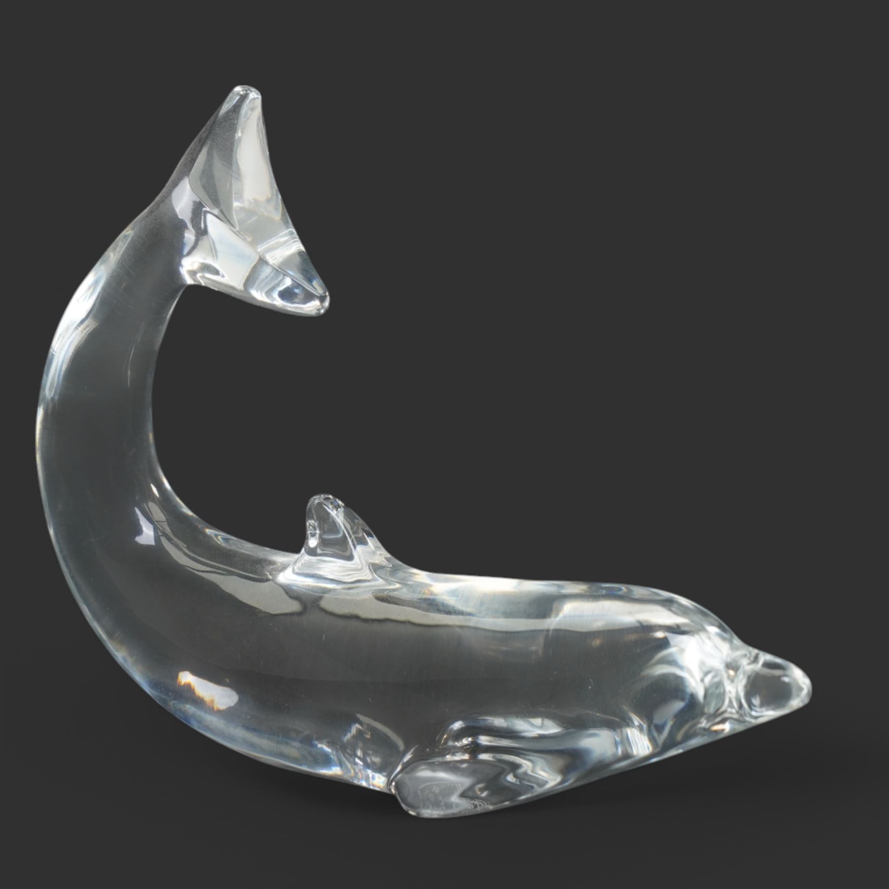 Daum-20th century clear glass sculpture of Madonna and Child H29cm, Daum glass dish in the form of a bird in flight L47cm and a Baccarat model of a dolphin L13cm (3)