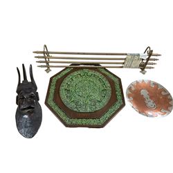 Composite Mayan calendar, together with a wooden carving, brass shelf and other collectables 