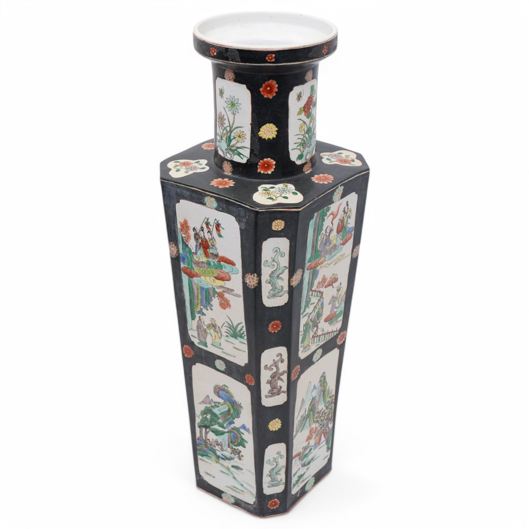 Chinese square section vase with canted corners decorated with panels of figures and landscapes on a black ground circa 1900 H51cm