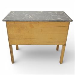 Edwardian walnut stained washstand, rectangular grey marble top, the base fitted with a pair of panelled cupboard doors with iron handles, raised on square tapering supports