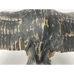 Wooden sculpture of Cormorant aquatic bird on a naturalistic wooden plinth, H46cm