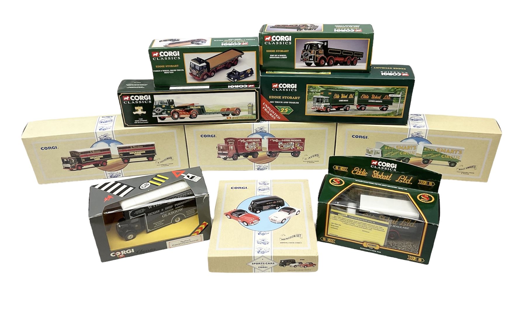 Corgi - three limited edition Classic Commercials nos.97891, 97892 and 97893; Classic Sports Cars no.97695; five various Eddie Stobart vehicles nos.11601, 97369, 11001, 31701 and 19306; and Classics Bedford O Series Pantechnicon; all boxed (10)