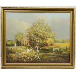 Edward 'Ted' Dyer (British 1940-): Children Playing by the River, oil on canvas signed 39cm x 49cm