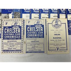 Chelsea F.C. 1940s/50s - twenty programmes for home matches including September 28th 1946 versus Charlton Athletic and October 12th 1946 versus Stoke City (souvenir programme 'entirely the work of ex-Servicemen'); the remainder 1947/48 - 1959/60 (20)