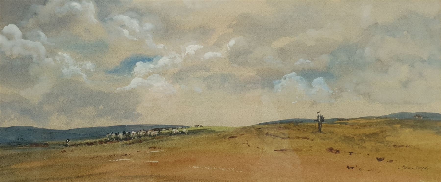 Brian Irving (British 1931-2013): Herding Sheep on the Yorkshire Dales, watercolour signed 22cmx 50cm