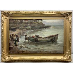 Lionel Townsend Crawshaw (Staithes Group 1864-1949): 'Pulling up the Cobles Runswick Yorkshire', oil on canvas laid on board signed, original title label verso 43cm x 67.5cm 
Notes: A study for the larger oil in the Pannett Gallery Whitby; interestingly, the Pannett's picture omits Lady Palmer's Cottage from the background, whereas the present picture includes it.