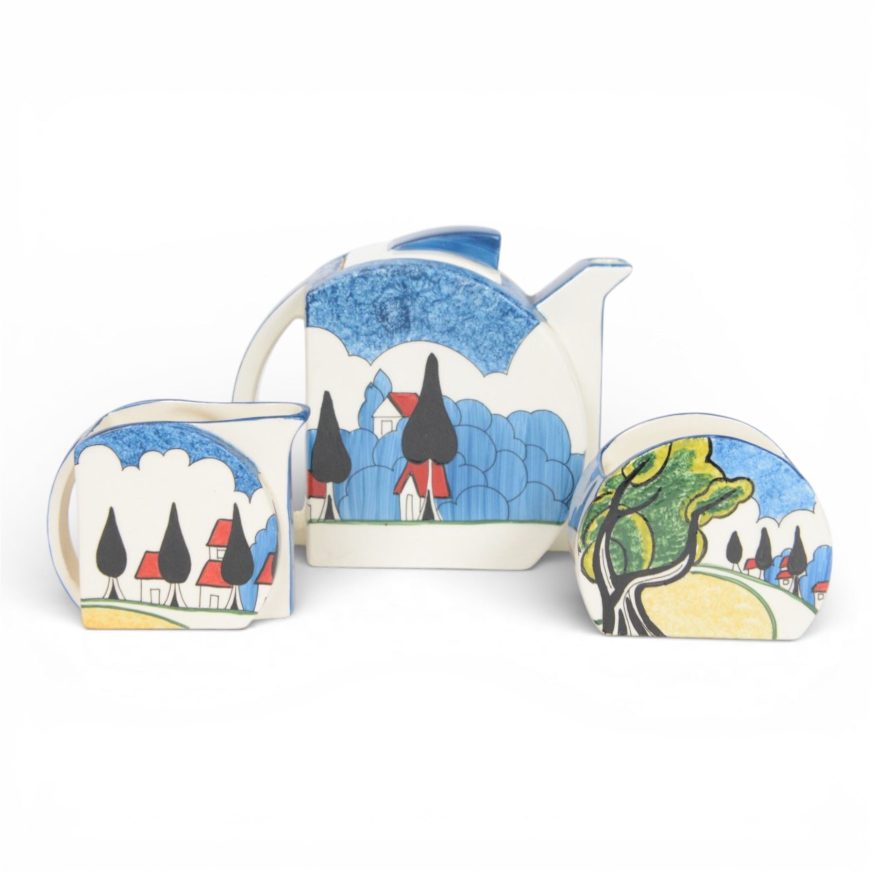 Wedgwood Bizarre by Clarice Cliff, May Avenue three piece Stamford teaset hand painted based upon an original, limited edition 134/250, with certificate and box