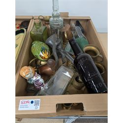 Collection of advertising tins, including Bisto and Cadburys, together with a Guinness 'For Strength' metal tray, brass measures, glass bottles, Royal Crown Derby cat paperweight, etc