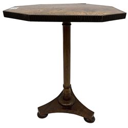 Simkin of London - 19th century figured walnut and mahogany occasional table, canted rectangular top with reed moulded edge, ring turned pedestal on triform platform base with compressed bun feet