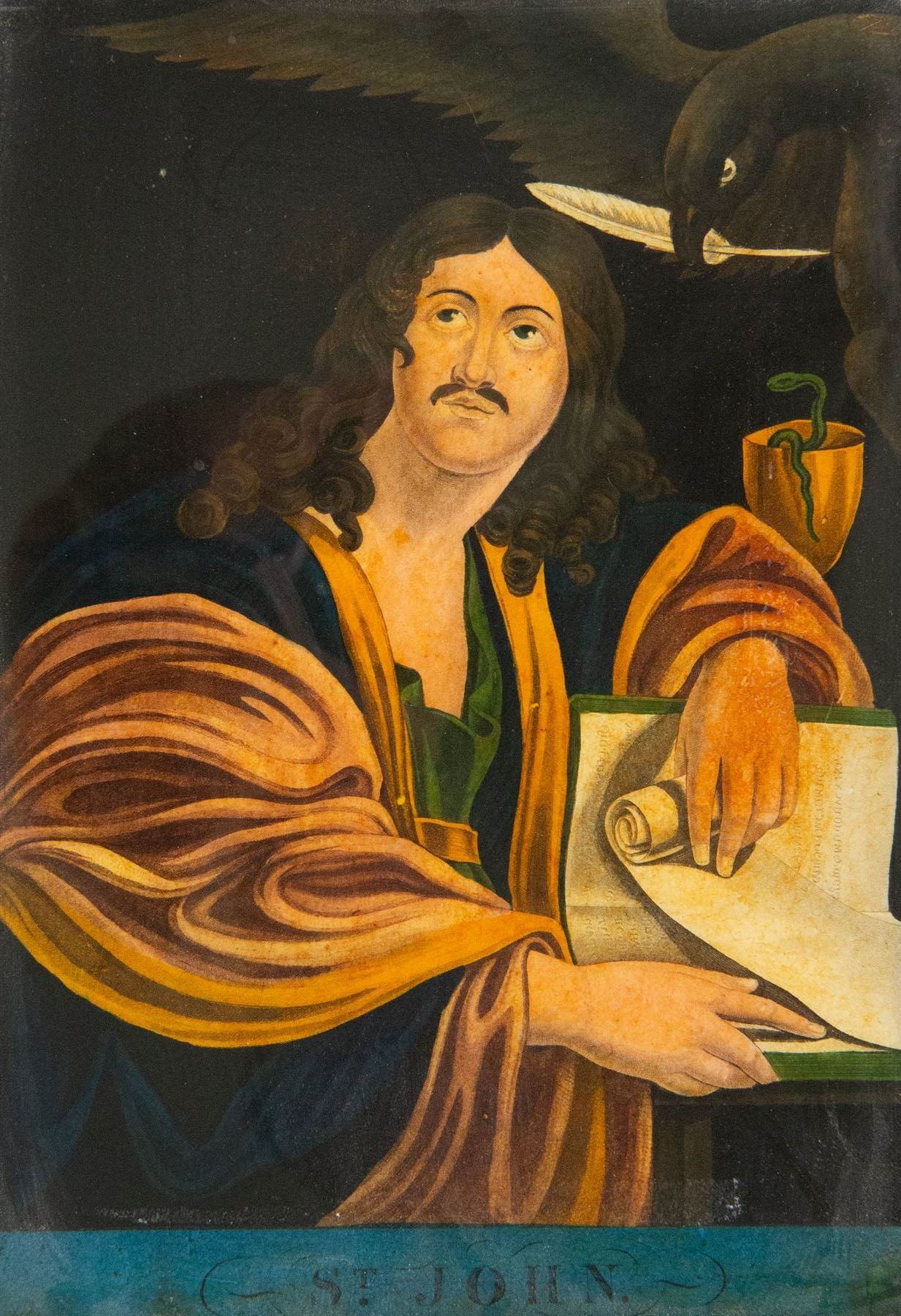 Four mid-19th century reverse glass mezzotints, 'Joseph sold by his brethren to the Ishmaelites' 'St Luke' 'St John' and 'St Matthew', 34cm x 24cm (4)