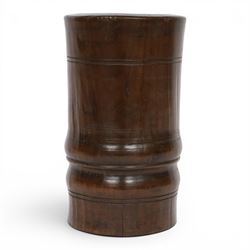 18th century turned fruitwood mortar, of tall proportions and cylindrical form with ring t...