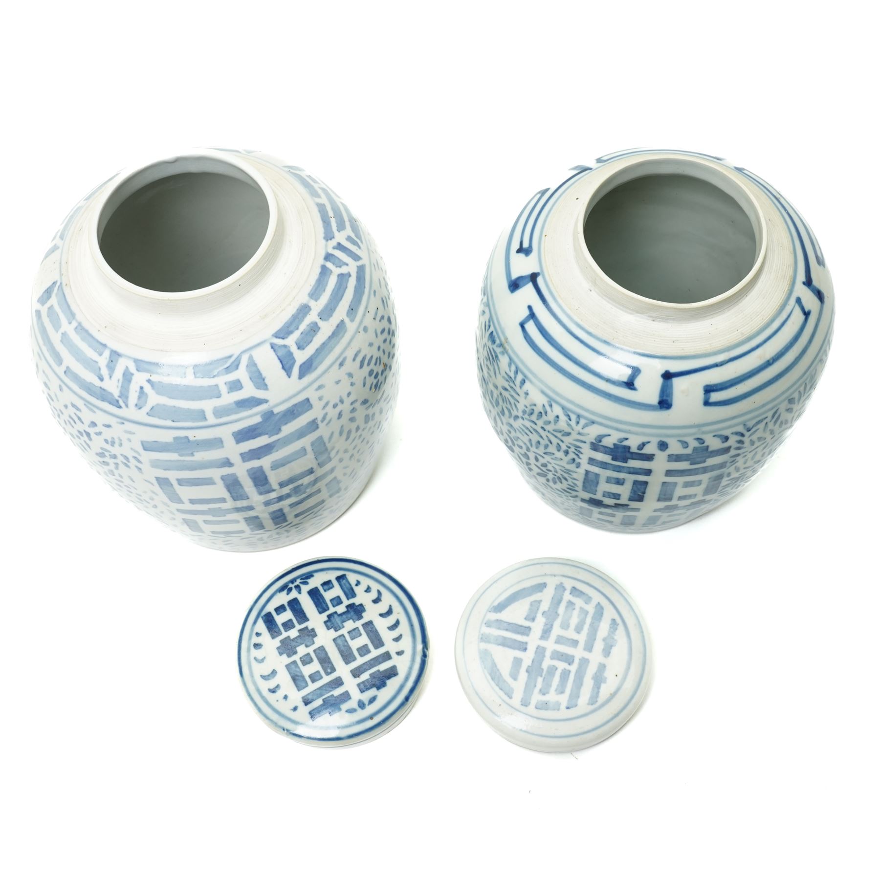 Two of blue and white Chinese ginger jars, each painted with double shou symbol, H23cm and H25cm (2)