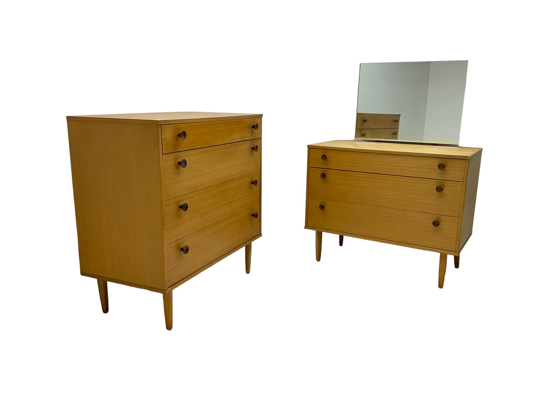 Avalon - mid-20th century teak dressing chest (W82cm, D46cm, H112cm) and matching four drawer chest (W82cm, D44cm, H84cm)