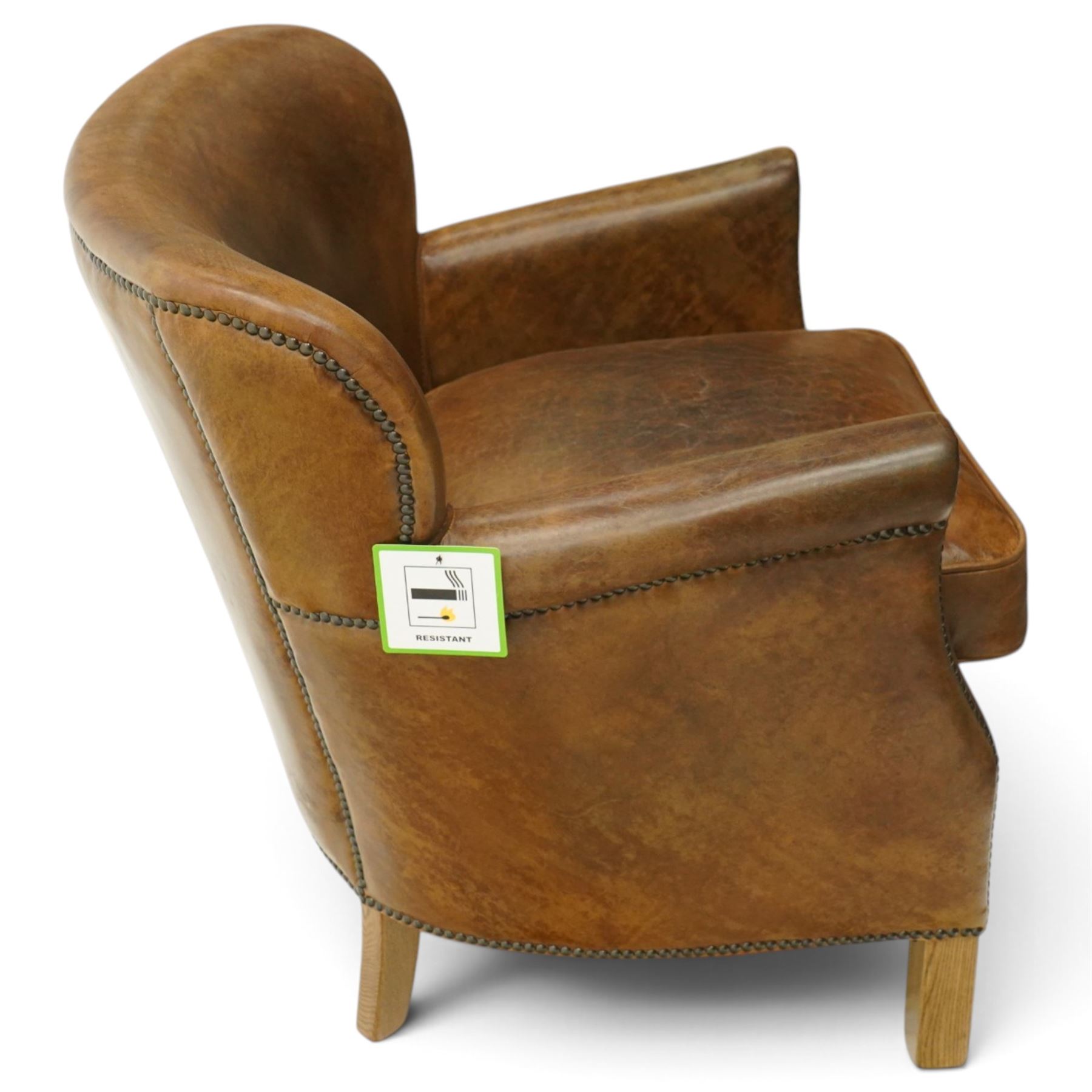 Halo - traditional tub design 'Cosy' club armchair, rolled arms with studwork terminals, upholstered in deep tan leather with loose seat cushion, on square supports