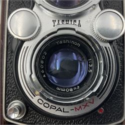 Yashica-Mat Copal MXV camera body, serial no 408717, with Yashinon 1;3.2 f=80mm' and Yashinon 1;3.5 f=80mm' lens serial no 460802, together with Yashica 635 Copal-MXV camera body serial 4080675 with Yashinon 1;3.5 f=80mm' lens serial no 229427 and 'Yashikor 1;3.5 f=80mm' lens serial no 228386