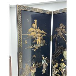 Japanese black lacquered four panel screen, with shibayama type decoration 