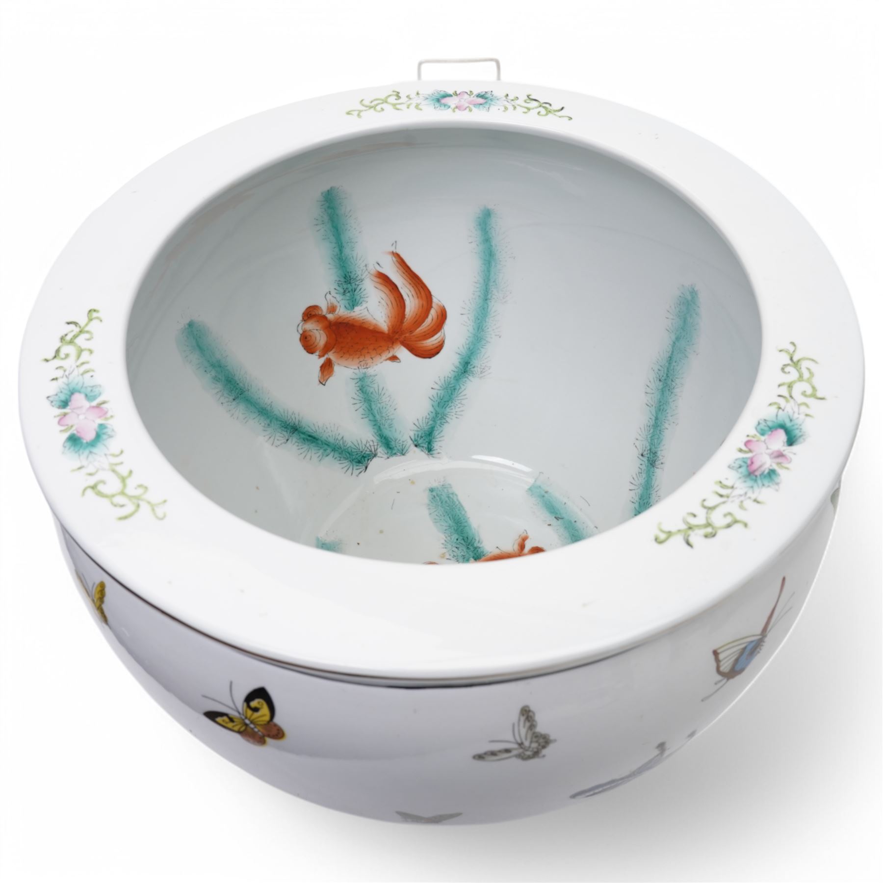Large 20th century Chinese fish bowl/planter, the interior decorated with goldfish, the exterior with butterflies, D38cm H30cm