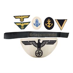 WWII Third Reich Kriegsmarine cap ribbon and cloth badges, including Radio Operative badge, breast eagle badge, Sports Vest Badge etc  
