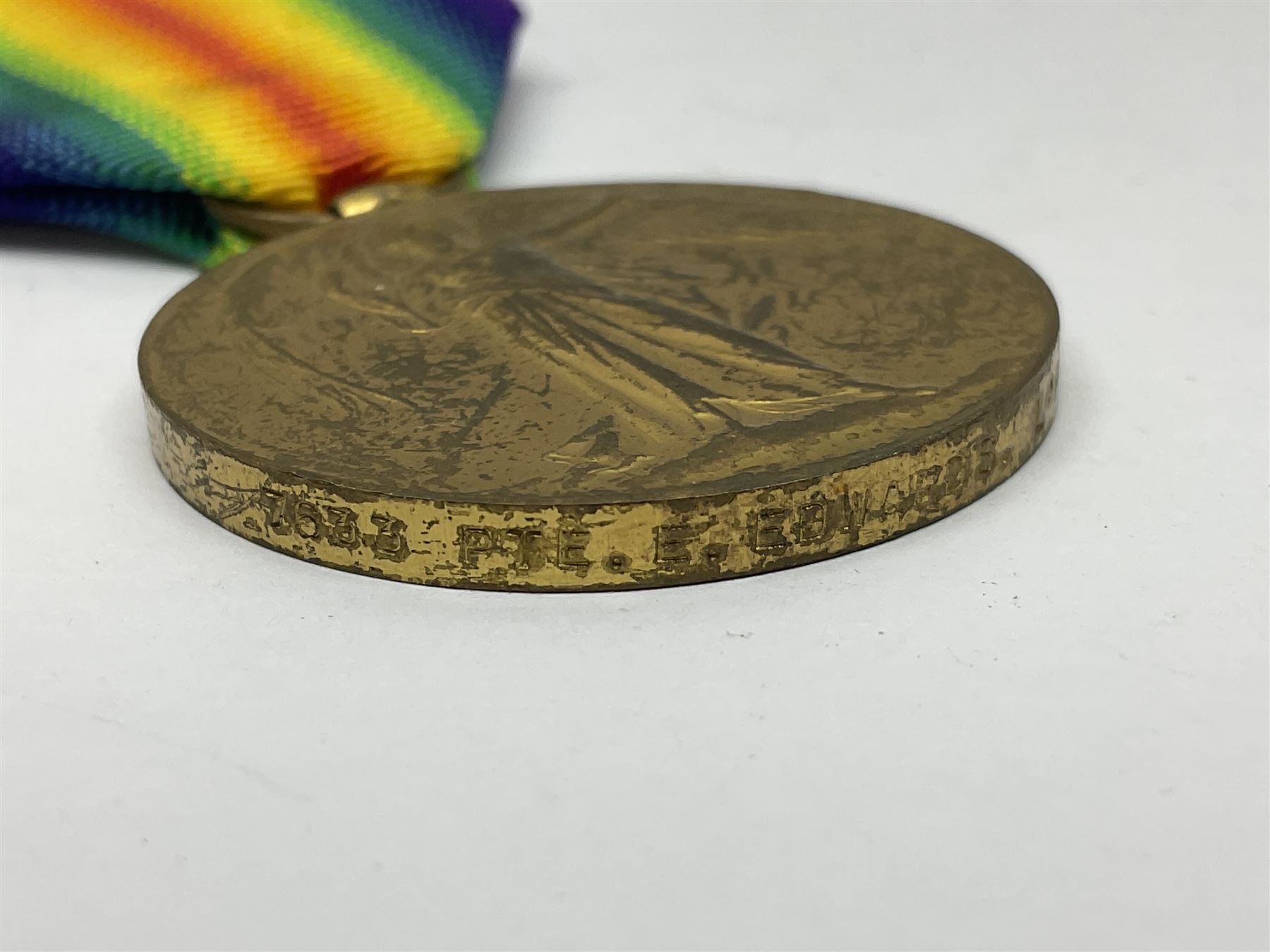 WW1 British War Medal awarded to 28885 Pte. A. Hey R. War. R.; WWI Victory Medal awarded to 7633 Pte. E. Edwards L'Pool R.; two WWII medals; Royal Navy Temperance Society Medal; Services Rendered badge No.B55177; and Home Guard lapel badge