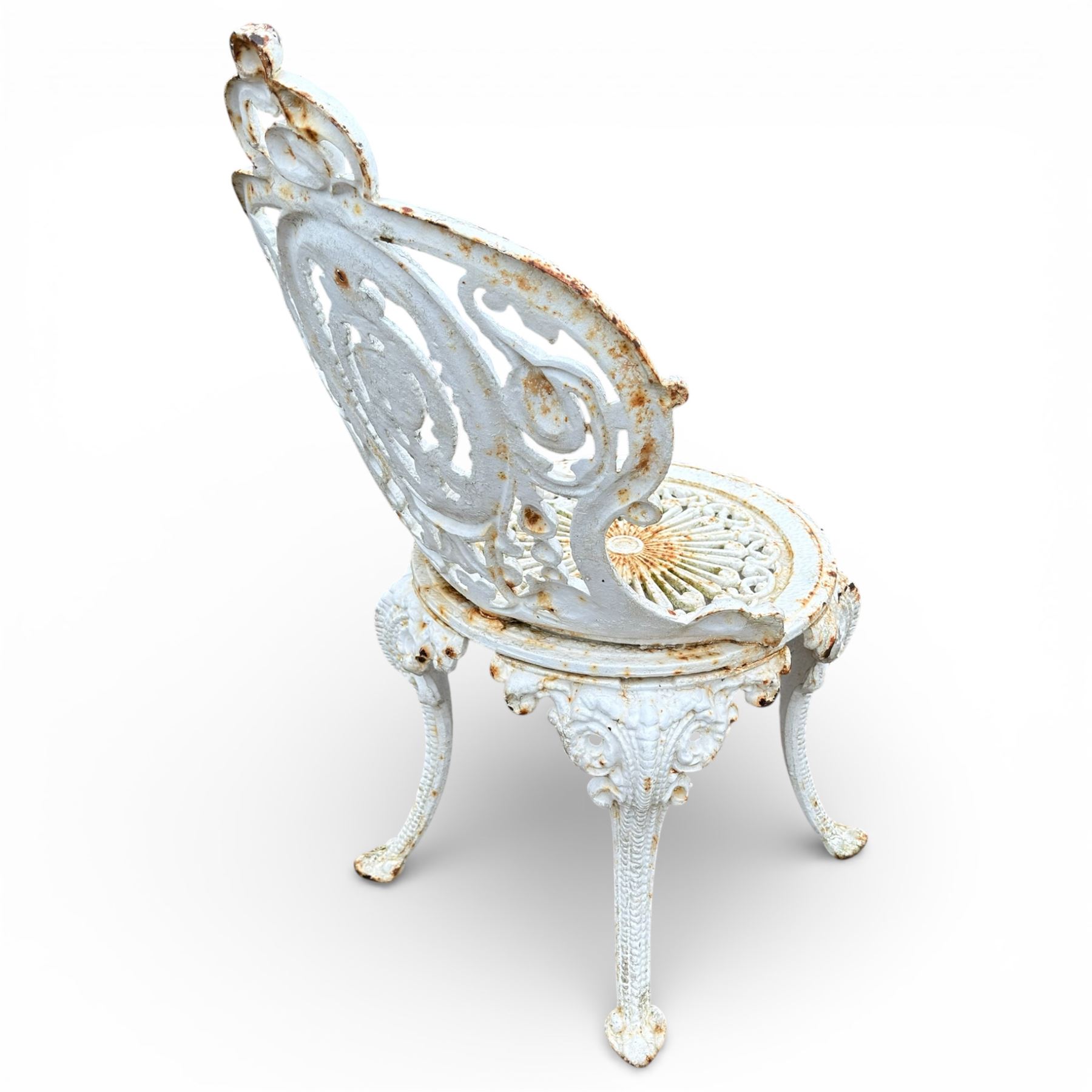 Victorian cast iron white painted garden chairs and table with aluminium top