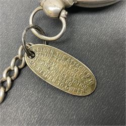 Victorian silver pair cased fusee lever pocket watch, No. 6765, cream enamel dial with Roman numerals, case makers mark R.S, Birmingham 1861, on silver Albert chain