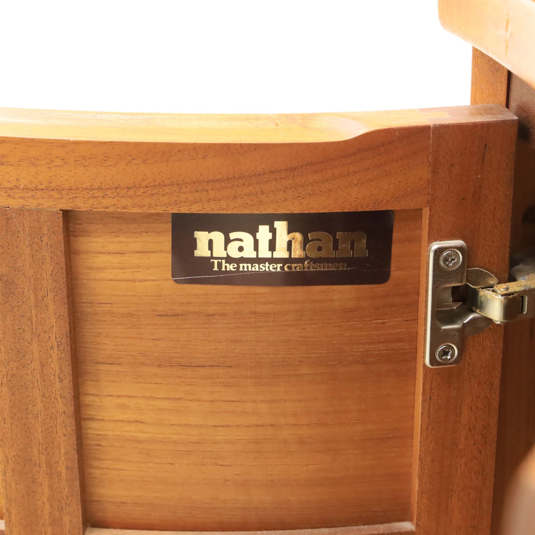 Nathan - concave corner cabinet, each of quarter round form with square top to fit against a wall, with open display compartment above a signature square panelled cupboard door, raised on a recessed plinth base