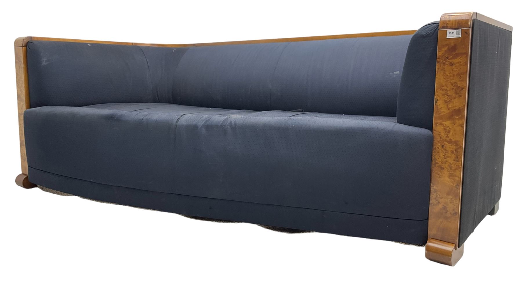 Thormer Polstermobel - Art Deco design three seat sofa, of curved tapering form, upholstered in midnight blue fabric, framed in figured burr elm