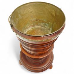 Dutch fruitwood peat bucket, with brass liner and swing handle, H44cm