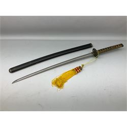 Three reproduction swords - Japanese katana and saya; Tai Chi sword with ornate scabbard; and dress sword with fullered triangular blade and horn handle (3)