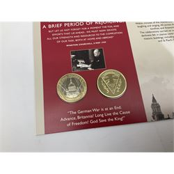 Sixteen two pound coin covers, including 'The End of the Second World War 60th Anniversary' 2005, 'King James Bible' 2011, 'London Underground 150 Years of Service' 2013, etc