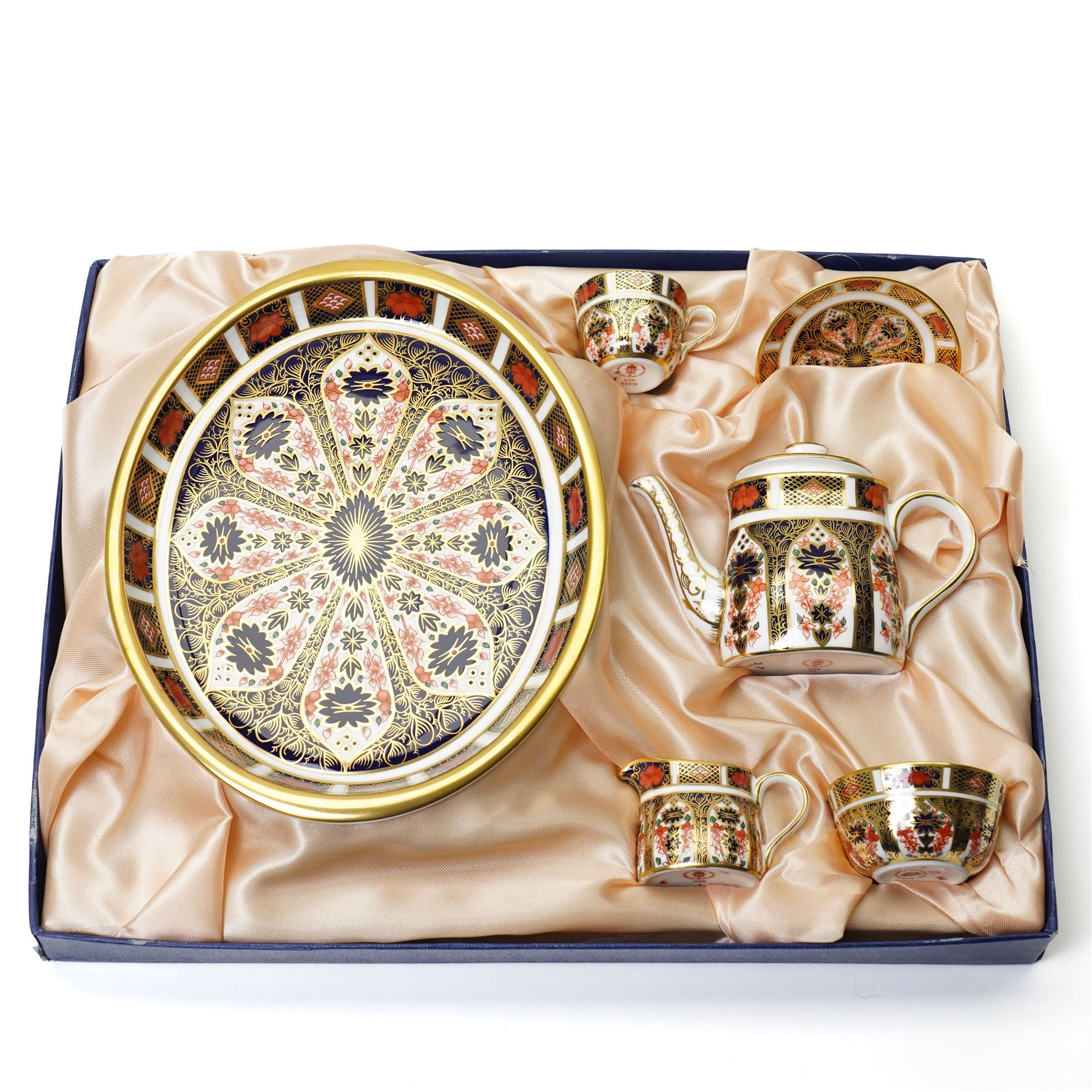 Royal Crown Derby Imari 1128 pattern miniature tea set, boxed, tray W19cm, teapot H7.5cm