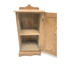 Pair 20th century pitch pine bedside cabinets, raised shaped back, moulded top, single door, plinth base, W39cm, H85cm, D36cm
